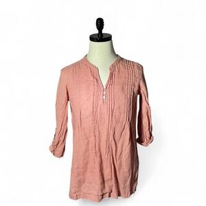 Cynthia Rowley Linen Blend Pintuck V Neck 3/4 Sleeve Top‎ Coastal Sustainable